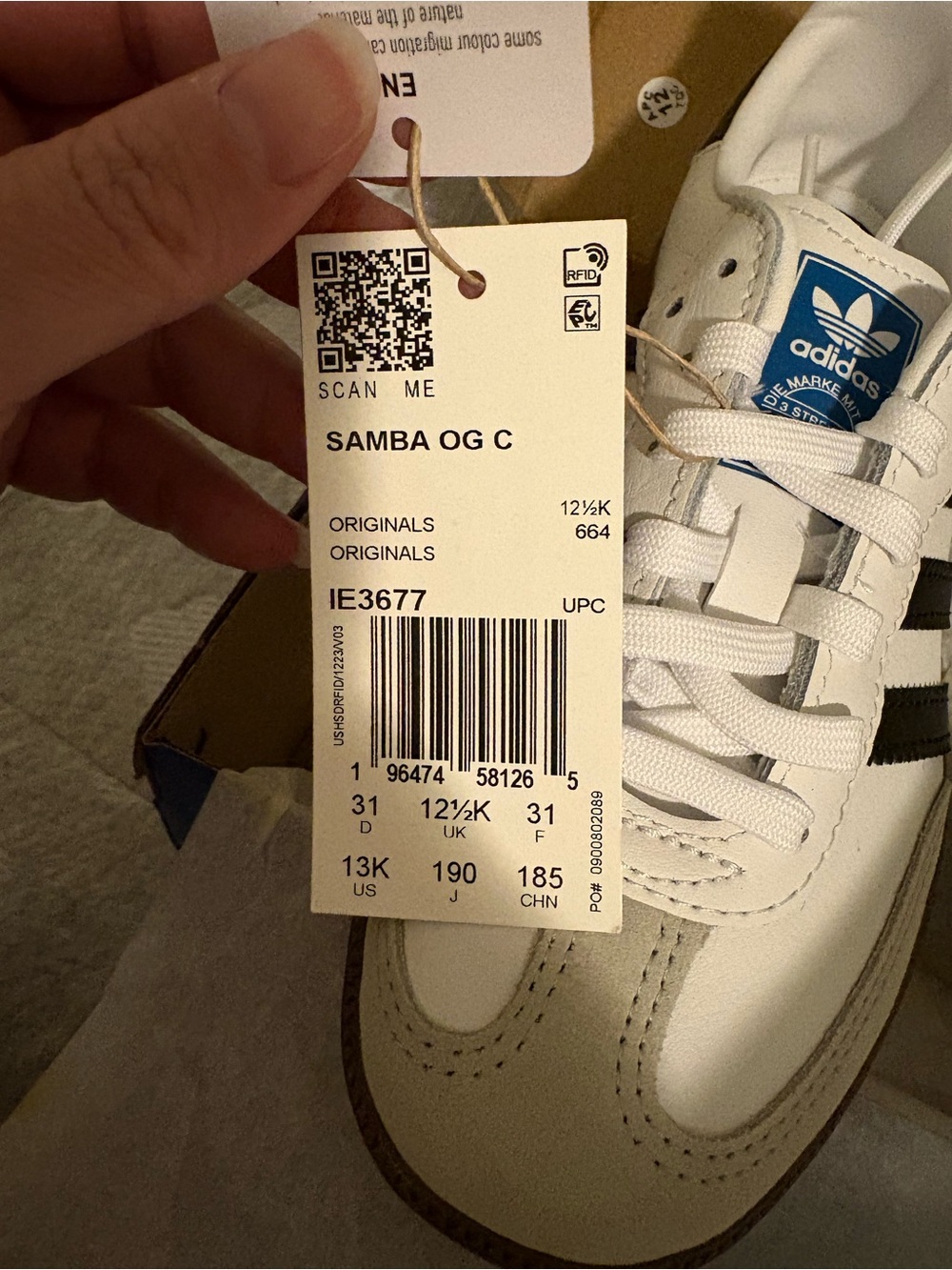 Size 13k New with Box adidas Samba OG C White with Black Stripes and Blue Tongue
